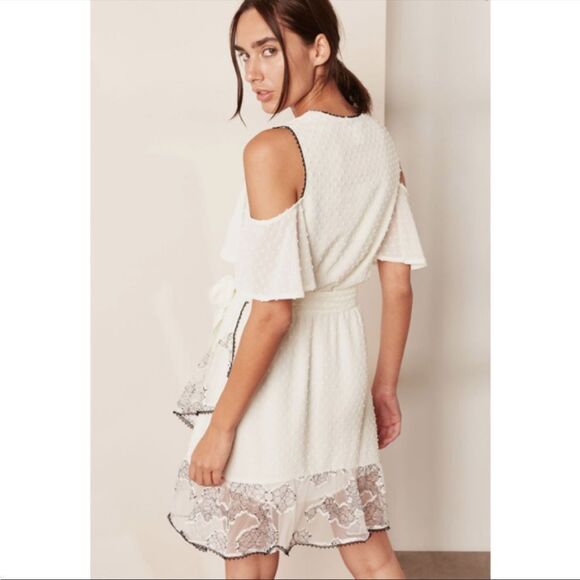 foxiedox Cream Cold-Shoulder Ruffle Lace Wrap Dress - Picture 2 of 8